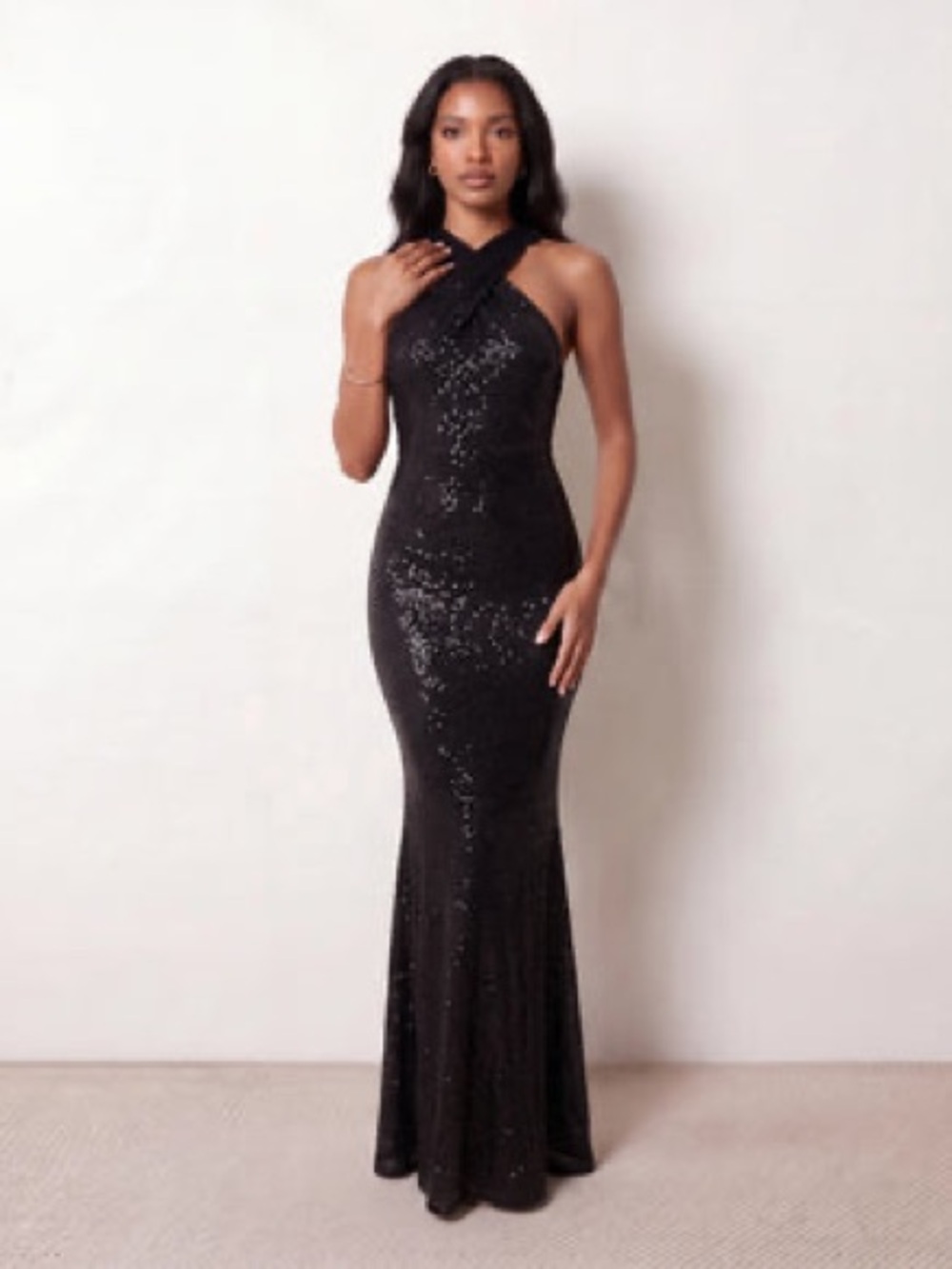 Black Sequin Halter Evening Gown